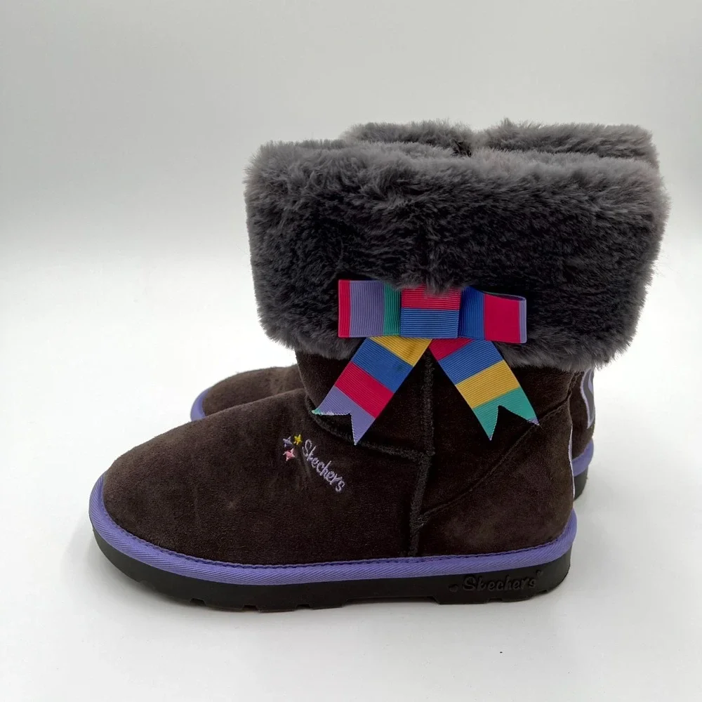 Skechers Winter Ankle Boots Girls 4 Dark Brown Suede Faux Fur Round Toe Side Zip